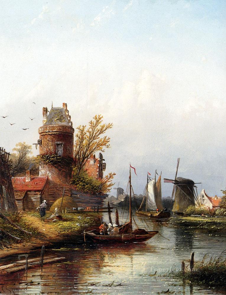 Vue De Buiksloot Pres D アムステルダム ボート Jan Jacob Coenraad Spohler 風景ストリーム油絵